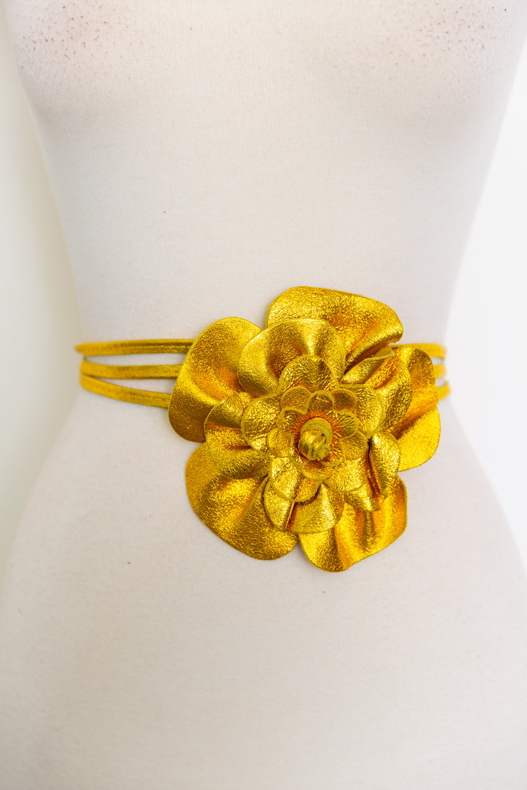 Metallic Italian Leather Flower Belt (Citrine)