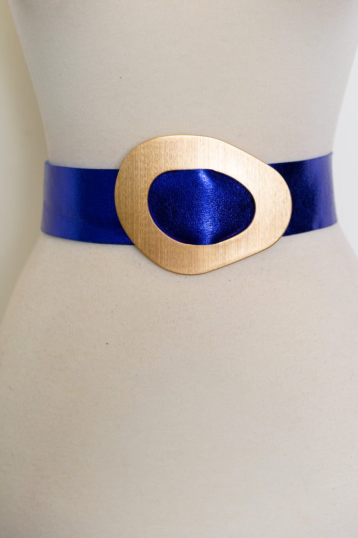 Metallic Italian Vegan Leather Oval Belt “Blue”