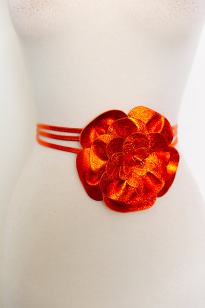 Metallic Italian Leather Flower Belt (Tangerine)