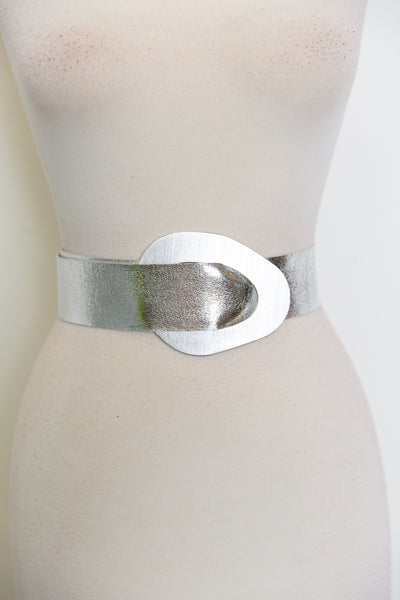 Metallic Italian Vegan Leather Oval Belt “Silver"