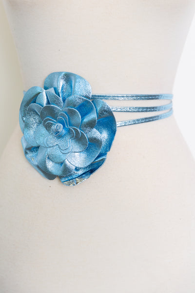 Metallic Italian Leather Flower Belt (Ice)