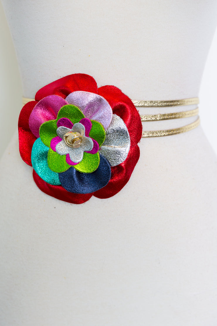 Metallic Italian Leather Flower Belt (Patchwork)