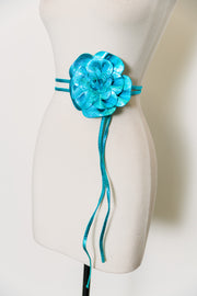 Metallic Italian Leather Flower Belt (Turquoise)