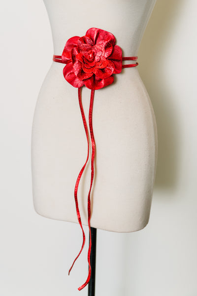 Metallic Italian Leather Flower Belt (Red)