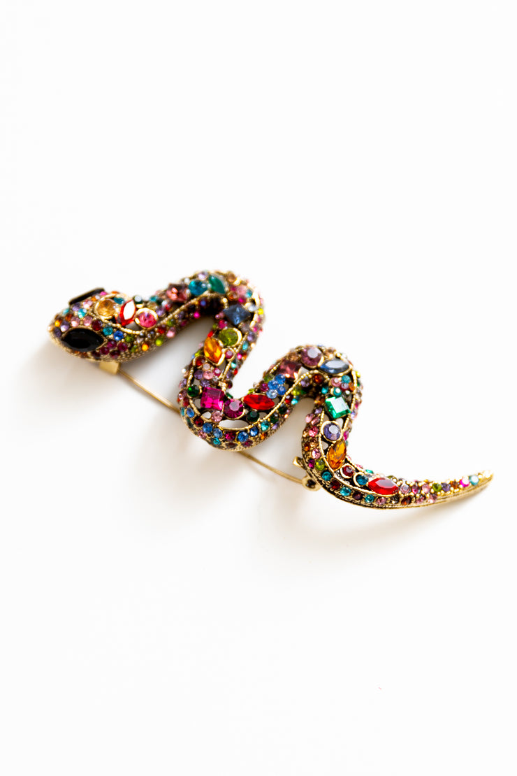 Snake Rhinestone Brooch - Gold Multi